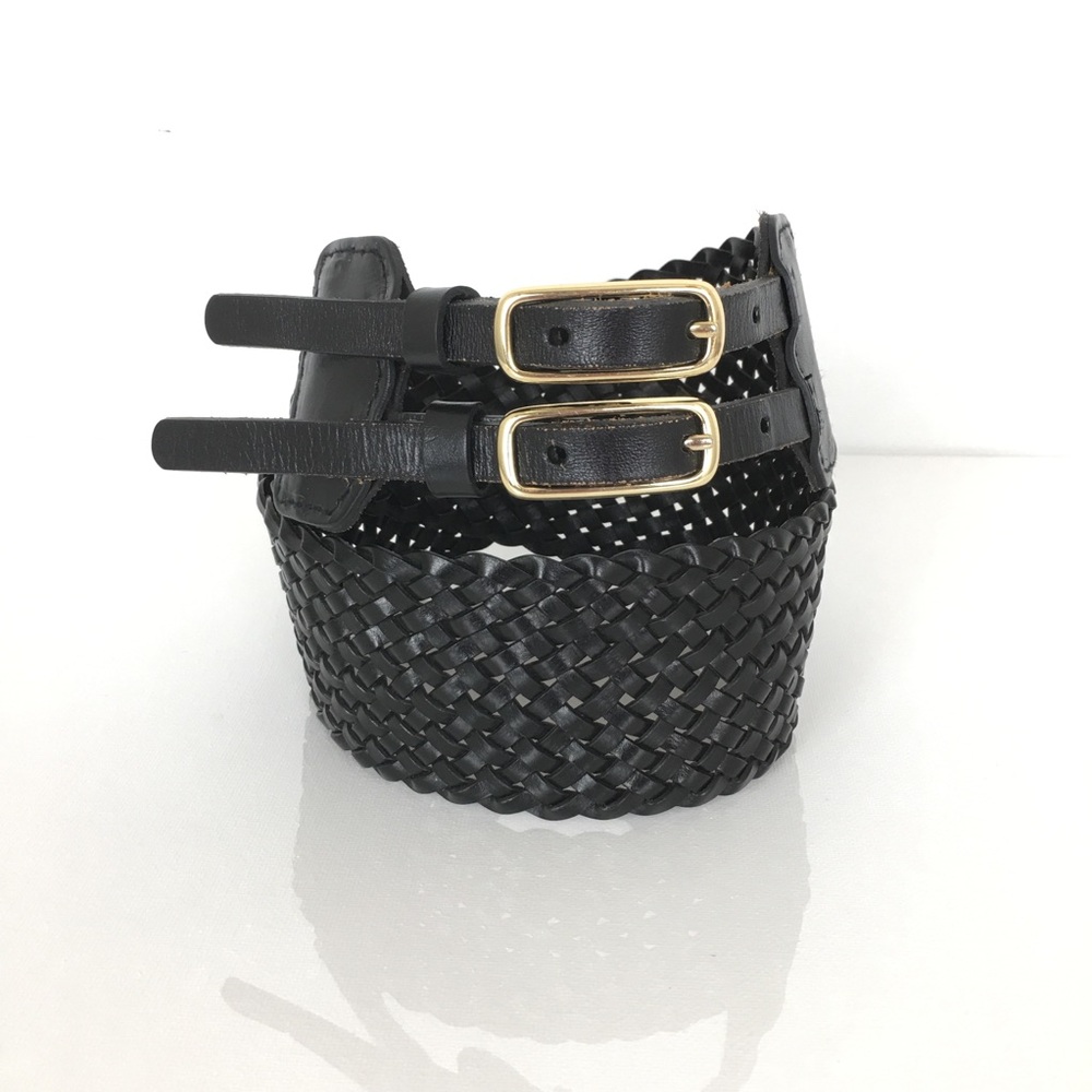 Talbots Black Woven Leather Double-Strap Belt with Gold Buckles